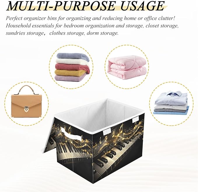 Foldable Storage Bin Basket with Lid - Piano Keys Music Notes Gold Large Collapsible Storage Box Organizer for Home Office &amp Books Clothes Storage 16.5x12.6x11.8