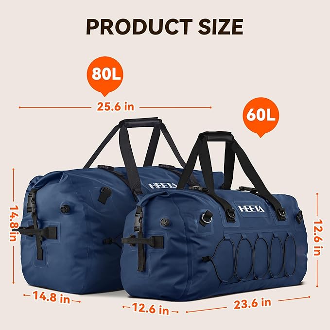 HEETA Waterproof Duffel Bag Motorcycle Dry Bag Backpack 60L/80L Extra Large Rolltop Travel Duffle Bags with Straps &amp Handles for Kayaking Rafting Boating Canoeing Camping Gym Beach Cruise Ship