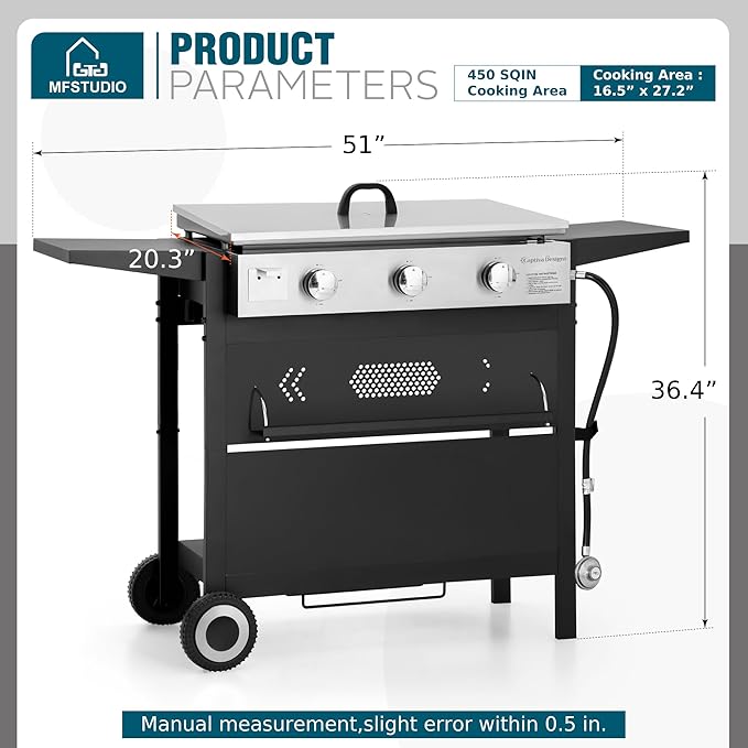 MFSTUDIO Flat Top Grill with Ceramic Coated Cast Iron Griddle 3-Burner Propane Gas BBQ Griddle Grill Outdoor Barbecue Grill33000 BTUBlack