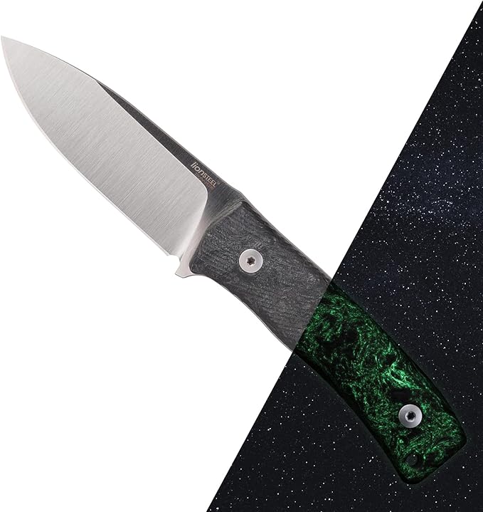 LionSTEEL M4 Fixed Blade FatCarbon Glow in the Dark Carbon Fiber Handle Scales Full Extended Tang Construction M390 Steel Blade Triple Stitched Leather Sheath KAVISO Exclusive