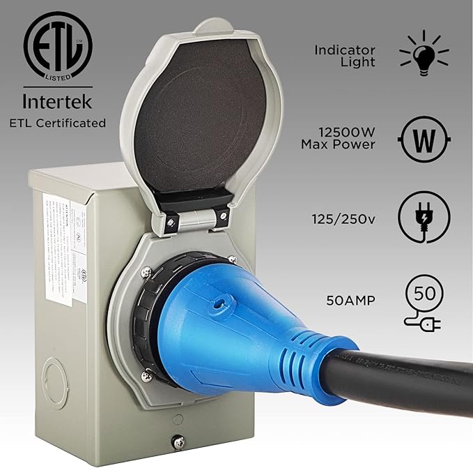 50 Amp Generator Cord and Power Inlet Box50 Amp Generator Cords 25FT125V/250V Generator Power Cord NEMA14-50P/SS2-50R Twist Lock Connector