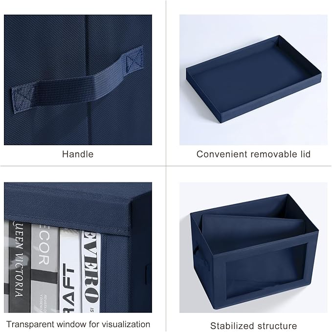 Homsorout Organizing Bins with Lid - 4 Pack Foldable Clear Window Storage Bins Large Storage Boxes with Handles Storage Containers for Clothes Towel Blanket Sheet Navy Blue