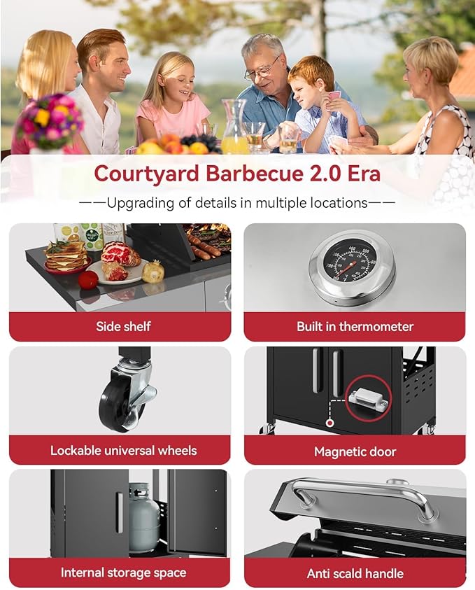 Aoxun 4-Burner Propane Grill with Side Burner 49000 BTU Gas Grill Stainless Steel Outdoor Grill with Cast Iron Grates &amp Side Tables for Backyard Patio CampingBlack
