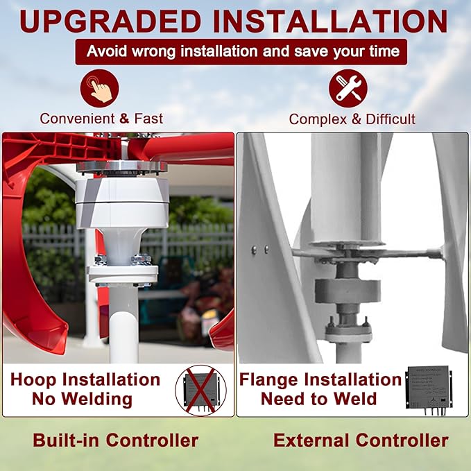 1000W 12V/24V Vertical Wind Turbine Generator Kit Low Noise Wind Power System High-Efficiency Windmill with Permanent Magnet Alternator Nylon Fiber Blades for Home Use Red