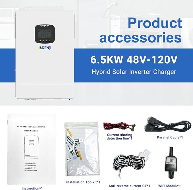 6500W Hybrid Solar Inverter 48V DC to 110V AC Pure Sine Wave Built-in 2 MPPT Controller Max. 150A Battery Charging Support Parallel 6 Units Dustproof for Home On/Off-Grid Systems