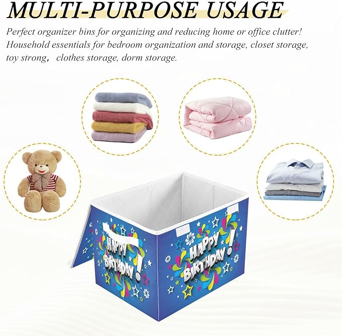 YETTASBIN Happy Birthday Storage Basket with Lid and Handles Large Collapsible Fabric Storage Bins Sturdy Storage Organizer for Shelves Closet Bedroom School Office Home Decor