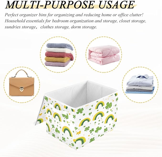 Rainbow and Clover Fabric Storage Bins with Lids and HandleFoldable Storage Bins with LidsCloset Organizers for Clothes Storage Room Organization Office Storage Chest Organizer