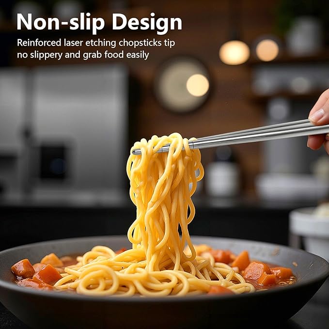 Titanium Chopsticks Reusable 3 Pairs Chopsticks Dishwasher Safe Non-Slip Titanium Chopsticks Present SetTravelCamping And Hiking （Silver）