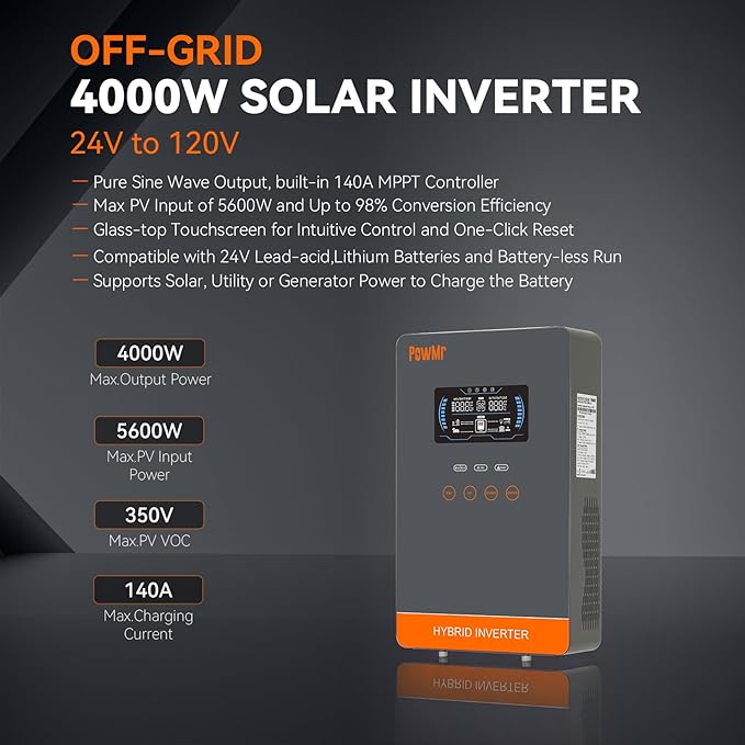 PowMr 4000W Hybrid Solar Inverter 24V to 120V Pure Sine Wave with Built-in 140A MPPT Controller Glass Top LCD Display Supports Battery-Less Run &amp AGM/Lithium Battery for Home Off-Grid Backup Po