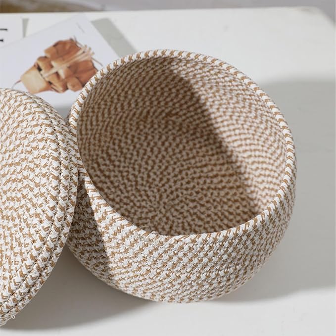 Rope Woven Basket - Round Rope Organizer Cotton Table Basket Covered Storage Bin | Stylish Decorative Utility Holder Soft Lid Container with Sturdy Shape for Napkins Sundries Snacks Makeup Towels