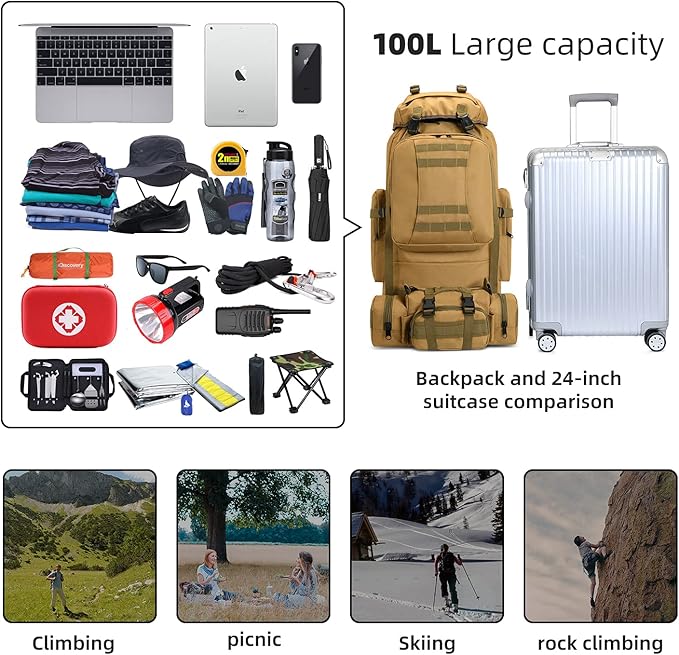 100L Camping Hiking BackpackMolle military Tactical rucksack backpackWaterproof Lightweight Hiking Backpack