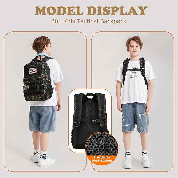 Kids tactical Backpack for Boys School Bag 20L mini Children Backpack for Outdoor Camping Travel (Black CM)