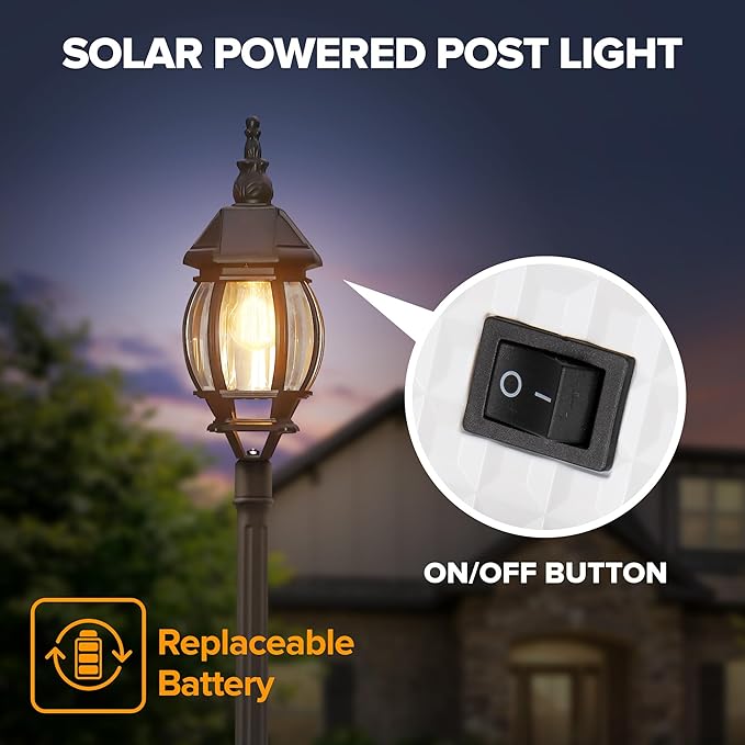 LUTEC Solar Lamp Post Light Dusk to Dawn Waterproof Pole Light with Clear Glass Aluminium Exterior Vintage Black Solar Powered Street Light Fixtures for Garden Driveway Pathway(Bulb Included)
