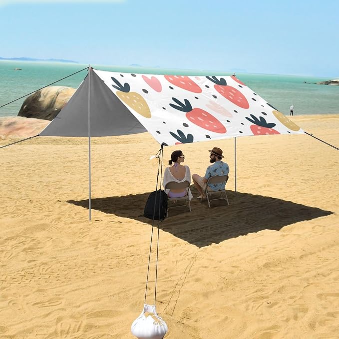 Cartoon Strawberry Beach Tent Sun Shelter Set UPF50+ UV Protection 10.5 x 9.19 FT Camping Shade Canopy with Sandbags Sand Anchors Carrying Bag and Others