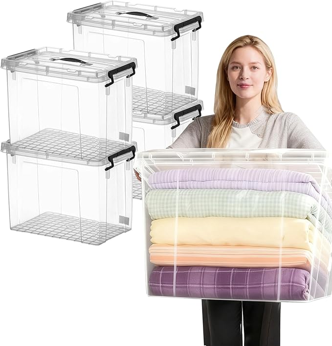 60 QT Plastic Storage Box with Lid and Latches - 4 Pack - BPA-Free See-Through Organizing Solution Durable Nestable Stackable Containers Secure Pull Handle - Clear (60 QT)