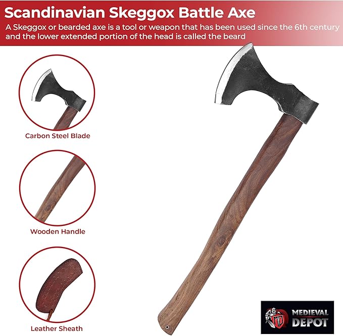 MedievalDepot Viking Age Scandinavian Skeggøx Battle Axe - Overall 20 Carbon Steel - Rosewood Handle