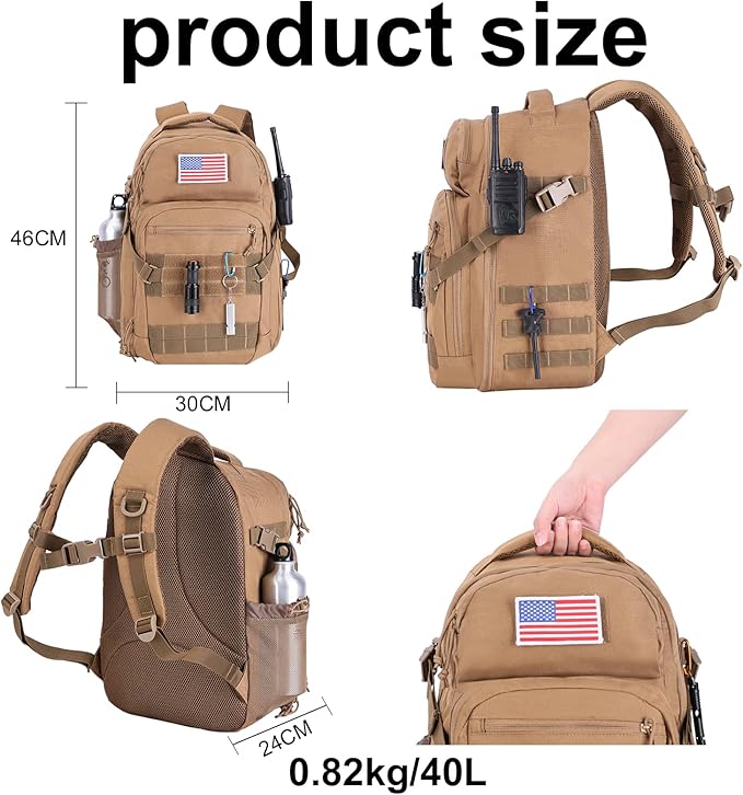 Tactical Hiking Backpack with 180° Open Design Molle Webbing Padded Laptop Compartment Lightweight for Outdoor Adventures (tan)