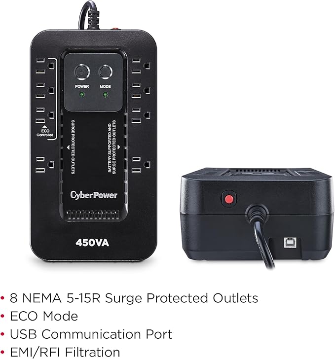 CyberPower EC450G Ecologic Battery Backup &amp Surge Protector UPS System 450VA/260W 8 Outlets ECO Mode Compact Uninterruptible Power Supply
