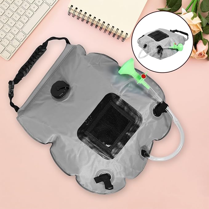 ibasenice 20l Portable Solar Camping Shower Bag with Temperature Indicator Gray Hiking Outdoor Shower for Beach Travel and Hiking