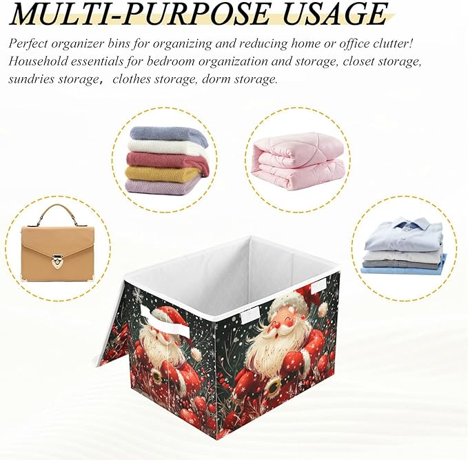 Collapsible Storage Bins with Lids Decorative Fabric Storage Cubes Closet Organizer and Storage Basket Boxes Containers for Clothes Box Chest Nursery Folding Rectangle Red Christmas Sante Cla