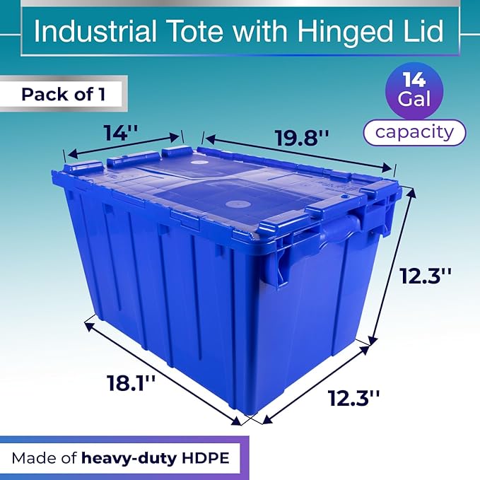 IDL Packaging 14-Gallon Industrial Plastic Tote with Hinged Lids Blue Pack of 1 - Heavy-Duty Large 22L x 15W x 12H Container for Warehouses Garages and Home Storage