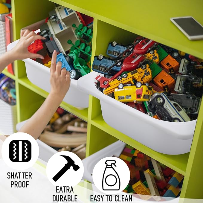 Kathfly Set of 4 Storage Box White 16-1/2 x 11-3/4 x 4 Stackable Plastic Bins Open Storage Boxes Book Organizer Polypropylene Cabinet Organizer for Home Office and School Supplies