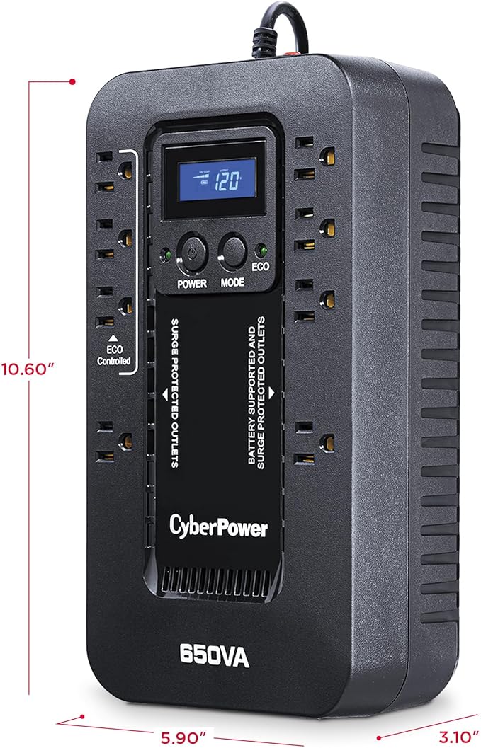 CyberPower EC650LCD Ecologic Battery Backup &amp Surge Protector UPS System 650VA/390W 8 Outlets ECO Mode Compact Uninterruptible Power Supply