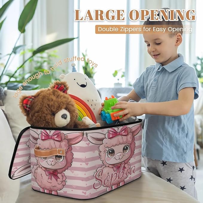 Custom Storage Basket with Name Personalized Storage Bins with Zipper Lid Foldable Fabric Storage Box Large capacity with Handle Bow Alpaca