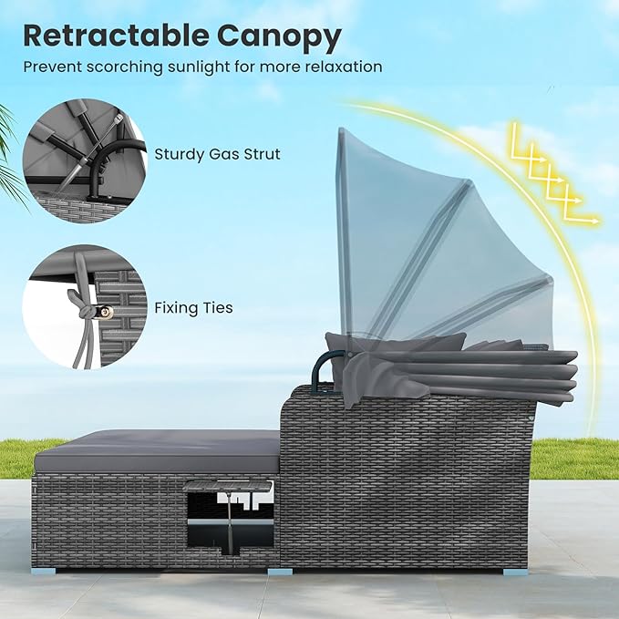 Tangkula Patio Rattan Daybed with Retractable Canopy Outdoor Wicker Sunbed Lounger with 2 Foldable Side Tables Thick Seat &amp Back Cushions Outside Double Daybed for Garden Backyard Porch Grey