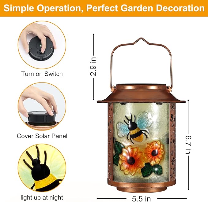 Bees Solar Lanterns Outdoor WaterproofBirthday Gifts for Women Mom Grandma Garden DecorHanging Solar Lights Wall Mount Decorations for YardFront PorchPatioLawn Pathway Landscape