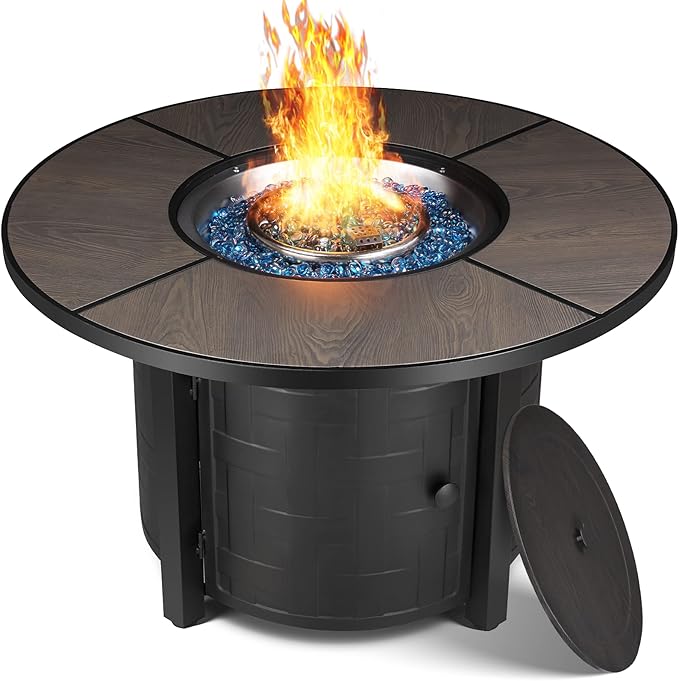 TLGREEN Propane Fire Pit Table 42 Inch Round – 50000 BTU Outdoor Fire Pit with Lid Converts to Patio Coffee Table Certified Includes Waterproof Cover &amp Blue Fire Glass