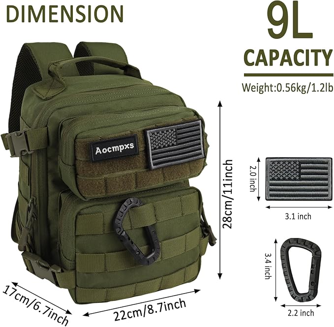 Mini Tactical Backpack 9L Small Gym Backpacks for Men Women Molle Military Pack with US Flag Patch and Carabiner (Green)