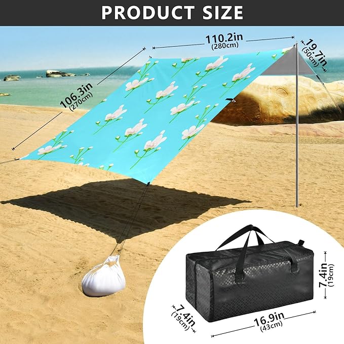 Beach Canopy with Windproof Ropes &amp Sandbags Beach Tent Sun Shade Sun Shelter for Camping Trips Fishing Backyard Fun or Picnics Flowers