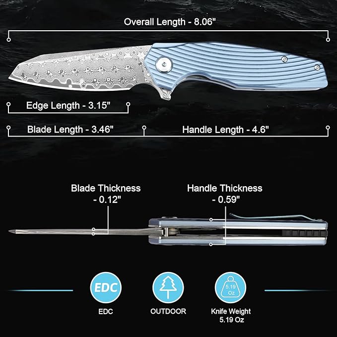 Zingbee Damascus Pocket Knife 3.46 Damascus Steel Blade EDC Pocket Knives &amp Folding Knives for Men Women Blue Non-Slip Handle