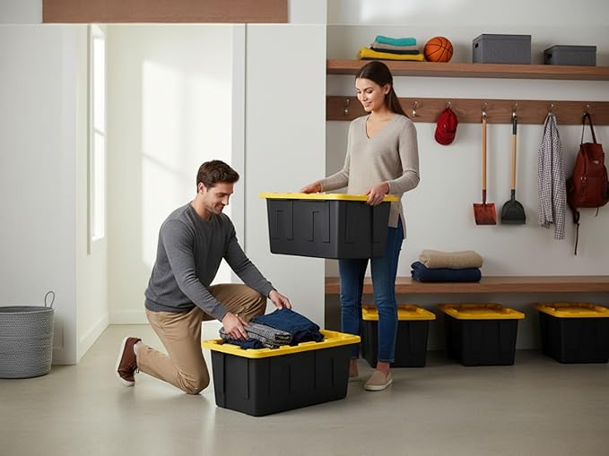 Heavy-Duty Storage Tote with Lid Black and Yellow 40 Gallon 22.0 D x 38.2 W x 16.4 H (6 PACK)