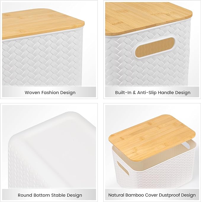 Ohmlove 4 Packs Storage Bins with Bamboo Lids - Plastic Storage Containers with Lids Stackable Storage Box：Storages Baskets for Organizing Desktop Closet Playroom Classroom OfficeWhite