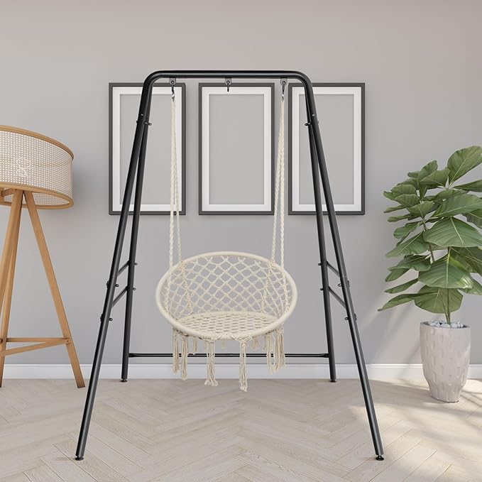 Outdoor Hammock Chair StandA-Shaped Metal Swing Stand FrameWeather Resistant Hammock Swing StandHeavy Duty Hanging Chair Stand Onlywith Three Hooksfor Bedroom Garden Patio Porch (Black)