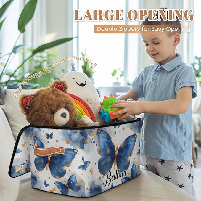 Storage-Bins with Lids Handle Customized Stackable-Storage-Bin for Kids-Boys-Girls-Toys Cube Collapsibl Basket Blue Butterflies