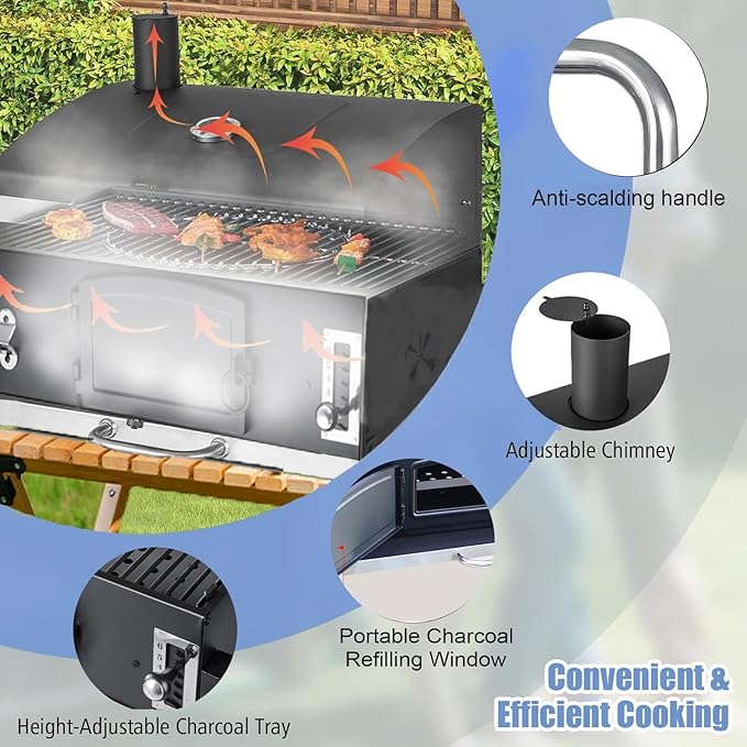 Large Built-in Barbecue Grills Charcoal BBQ Grills with Liftable Tray Insulated Hood &amp Temp Gauge Black Stainless Steel Charcoal BBQ Barrel Grill for Outdoor Kitchen Camping Park Style