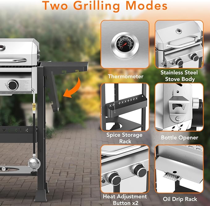 Electactic Propane Gas BBQ Grill 2-Burner Barbecue Grills with Cast Iron Frying Pan and Grates Combo 16000 BTU Output Stainless Steel Grill for Outdoor Cooking Patio Backyard Party