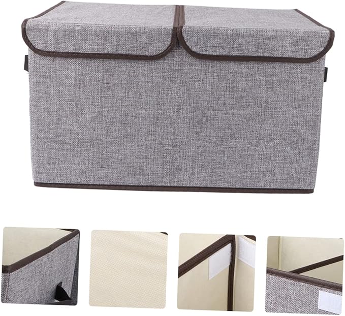 Levemolo Foldable Storage Bin Double Lids and Handles for Organizing Books Crafts Toys and More Grey Cotton Linen Storage Box for Home and Office Use