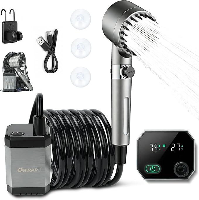 Portable Shower for Camping Filtered Camping Shower IPX8 Waterproof6000mAh Rechargeable Outdoor Camp Shower Pump with LED Display 4 Spray Modes for Hiking Travel Pet