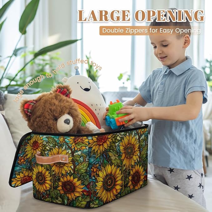 Sunflower Oil Painting Storage Bins with Zipper Lid Fabric Storage Containers for Clothes Collapsible Closet Storage Basket with Metal Frame 2 Pack