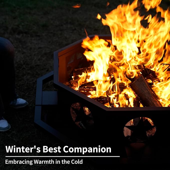 45 inch Large Fire Pit Outdoor Fire Pit with Heavy Duty Construction Wood Burning Fire Pits for Outside Octagonal Firepit for Camping Backyard Patio Black