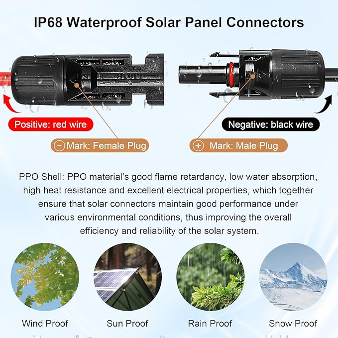 MOOKEERF Solar Panel Extension Cable - 10AWG 10FT Solar Wire with Female &amp Male Waterproof Connector PV Wire for RV Photovoltaic Systems Home Boat Solar Panels Car(10 feet Red + 10 feet Black