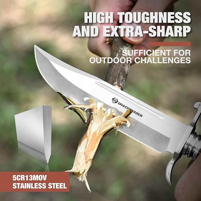 DRACHENADER Bowie Knife 10.5 Inch Hunting Knife with Sheath Outdoor Survival Bushcraft Fixed Blade Knife Comfortable African Rosewood Handle Incl. Black Gift Box