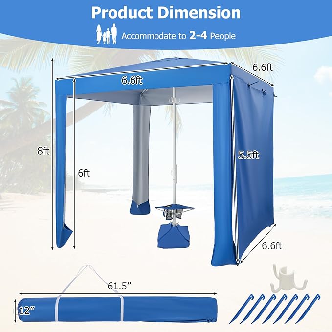 KOTEK 6.6'x6.6' Beach Cabana Portable Beach Shade Canopy with Sand Anchor Cup Holders &amp Sandbags Included Detachable Side Wall &amp Carrying Bag UPF 50+ Protection Easy Setup Beach Tent for