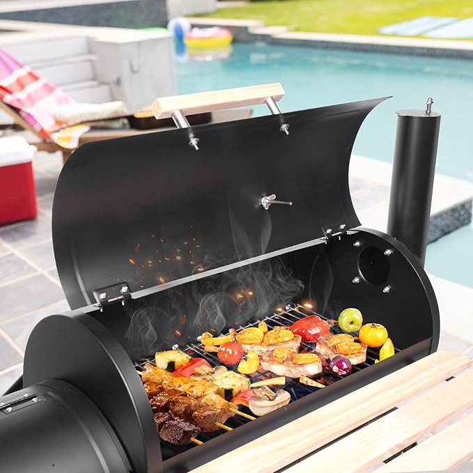 Outvita Charcoal Grill and Offset Smoker Outdoor Patio Barbecue Cooker with Wheels Portable Backyard BBQ Oven with Side Fire Box for Camping Picnic Party