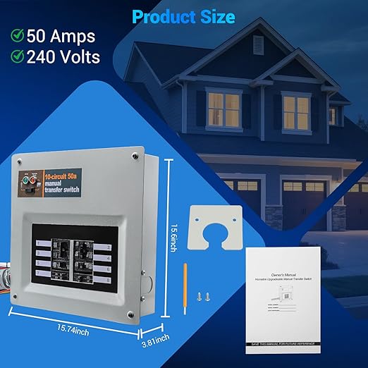 50 Amp Transfer Switch RV Replacement for Generac 9854 Pre-Wired 10-Circuit 50A Manual Transfer Switch Compatible with Portable Generators