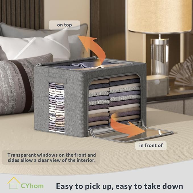 Clothes Storage Bins Box - Linen Fabric Foldable Stackable Container Organizer Set with Clear Window &amp Carry Handles &amp Metal Frame - 2Pack Large Capacity for Bedding Blankets Books